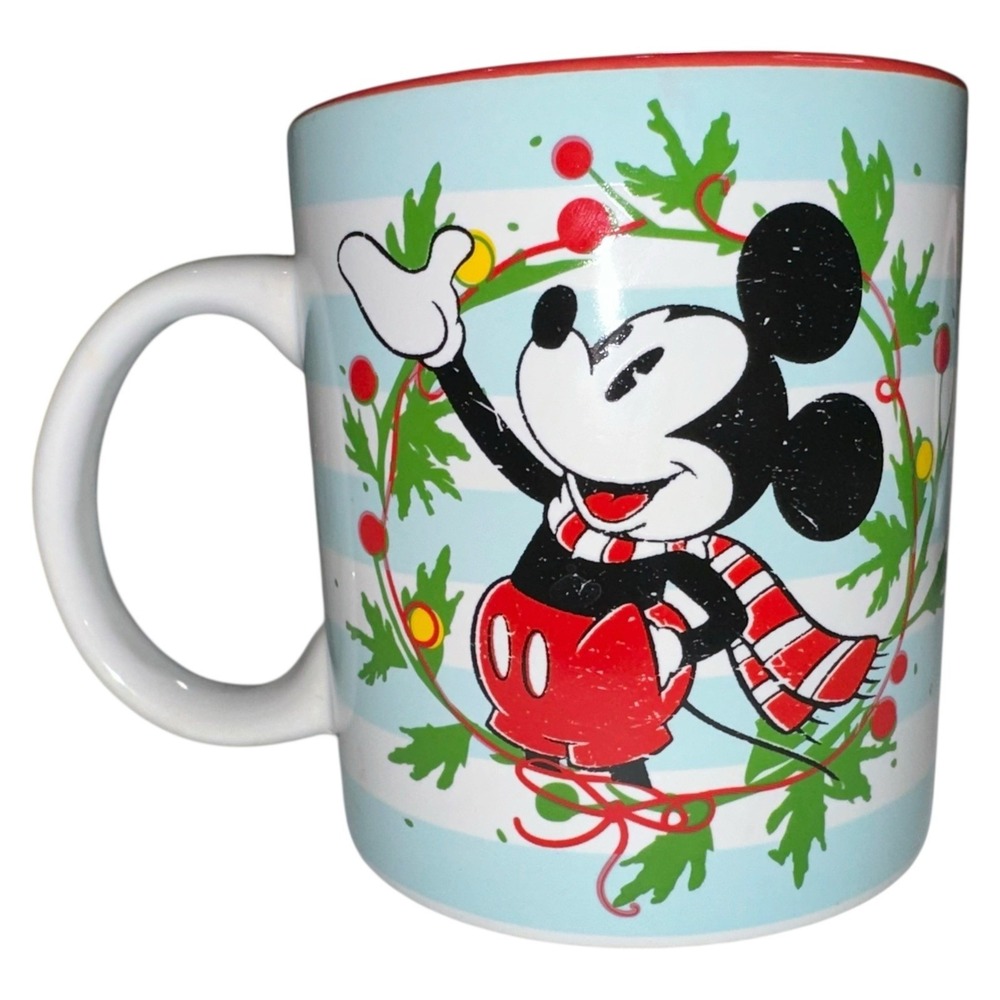 Disney Mickey Mouse WREATH Blue/White Stripe 20 oz Ceramic Cup Mug CHRISTMAS‎
